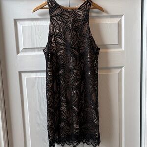 Babaton Black Lace Henry Mini Dress with Nude Underlay EUC
